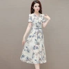 Summer 2024 new Chinese-style printed mid-length, slim and fashionable dress, short-sleeved V-neck, commuter style chiffon dress Specification image